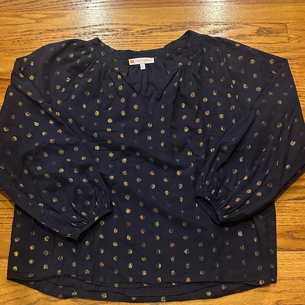 Jude Connally Navy Blouse with Gold Polka Dots- Size XL